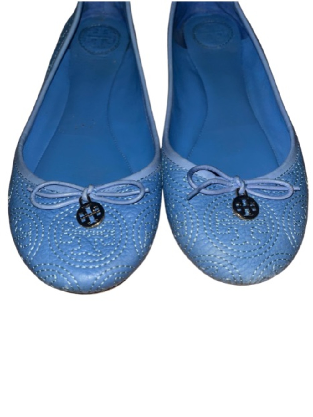 Tory Burch Chelsea Ballet Flats Ocean Blue Pebbled Leather Bow Logo Charm 7.5M - Picture 6 of 8